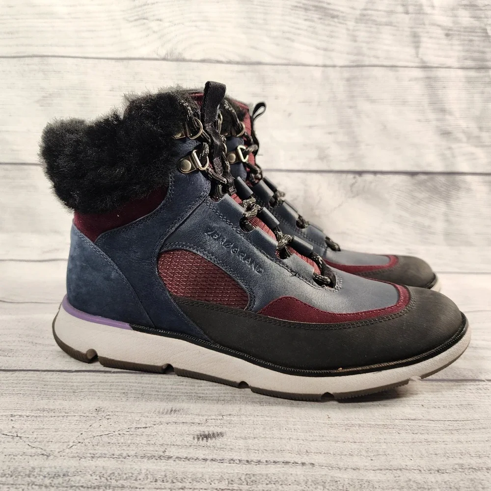 Cole Haan Zerogrand Women's 7B Hiker Boots Navy Burgundy Faux Fur W22877